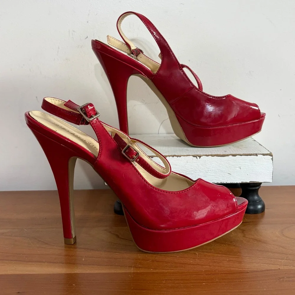 Enzo Angiolini Shaylin Red Patent Peep Toe Platform Slingback Heels 8.5M